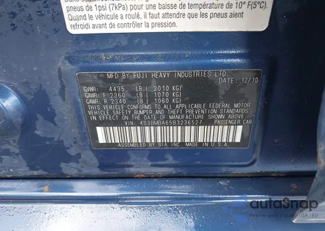 2011 Subaru Legacy 2.5I from USA, damaged, VIN 4S3BMBA65B3236527